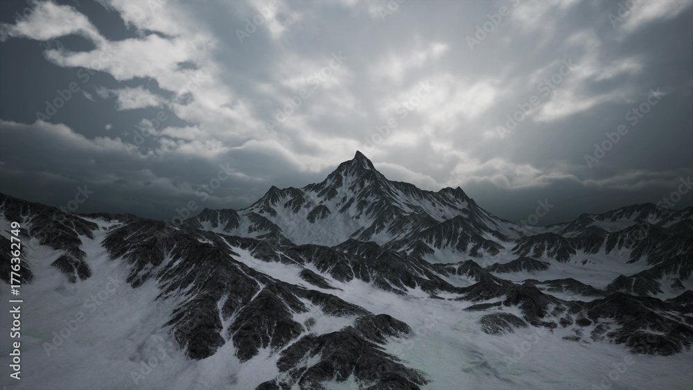 Obraz premium Snow capped peaks rise majestically against a darkening sky, where swirling clouds gather in the twilight. The rugged terrain evokes a sense of both beauty and solitude.