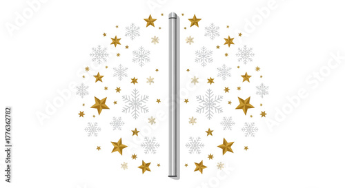 Festive image featuring a central silver pole surrounded by golden stars and white snowflakes.