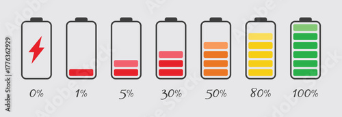 Battery Level Indicator Icon Set — Power and Charging Status Symbols