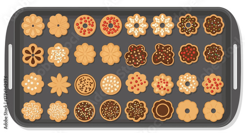 A baking sheet filled with a variety of decorative cookies in different shapes and toppings.