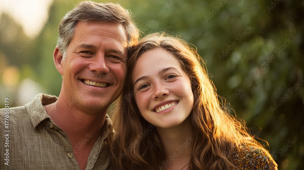 Naklejka premium A father and daughter sharing a warm moment in a sunlit natural setting.