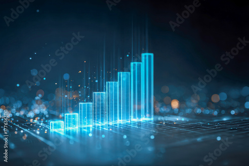 Futuristic glowing blue digital bar graph rising over a dark grid surface representing data growth and technological advancement in a high-tech environment