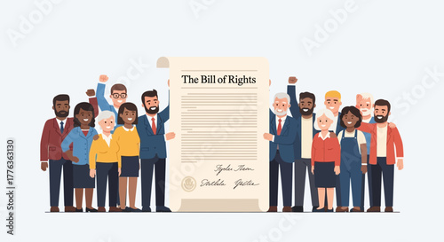 Diverse group of people holding the Bill of Rights document with raised fists.