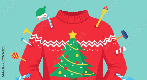 Festive red Christmas sweater with tree and candy cane decorations.