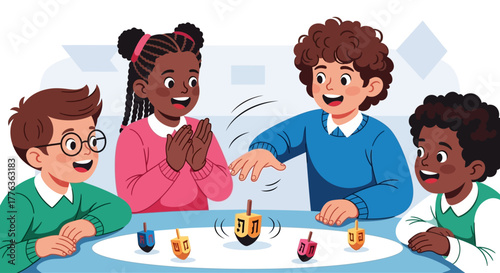 Diverse group of happy children playing the traditional dreidel game during a festive Hanukkah celebration.