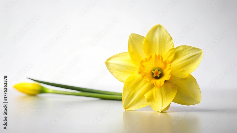 Fototapeta premium A bright yellow daffodil bloom close up with detached petal