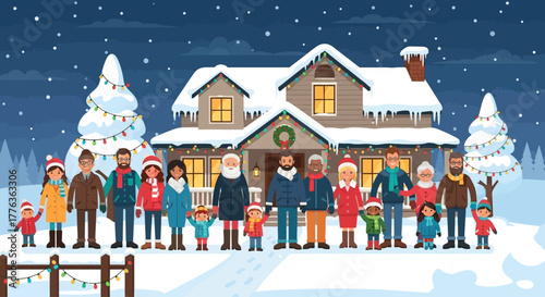 A diverse group of families and friends celebrating winter holidays in front of a snow-covered house decorated with festive lights.