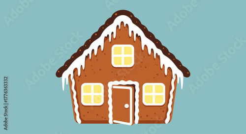 A festive gingerbread house decorated with white icing snow against a light blue background.