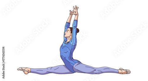 Dynamic illustration of a female gymnast showcasing exceptional flexibility in a perfect split pose with graceful arm extension