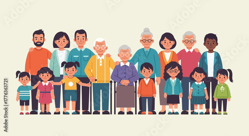Illustration of a large family group posing together, smiling, and embracing each other.