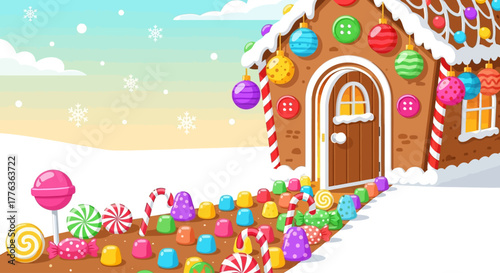 Festive gingerbread house with colorful decorations and a candy-lined path leading to the door.