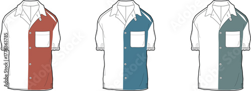 Three different style short-sleeved shirts with contrast panels and a pocket