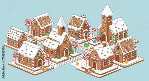 A collection of various gingerbread houses with snow and candy decorations on a light blue background.