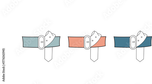 A collection of three stylish and colorful pet collars, illustrated in a clean, minimalist vector style for animal accessory concepts