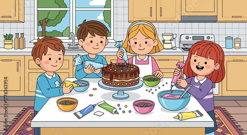 A group of happy children, two boys and two girls, gathered around a table to decorate a chocolate cake with colorful frosting and sprinkles in a cozy kitchen.