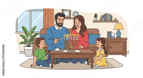 A Jewish family lights the menorah during Hanukkah celebrations in their living room.