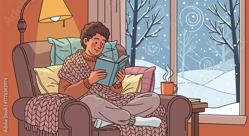 Person reading a book in a cozy armchair during winter.