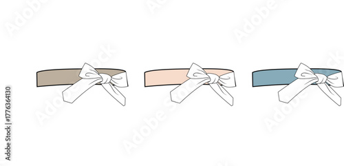 A collection of three elegantly illustrated fashion accessories featuring soft pastel-colored bands adorned with classic white bows, ideal for various design projects and feminine style accents