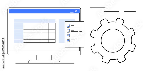 Computer screen displaying a table, checklist, and gear symbolizing data organization, task completion, and automation. Ideal for productivity, software, project management, workflow efficiency
