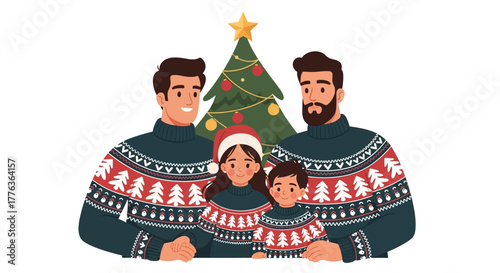 A family of four wearing matching Christmas sweaters in front of a Christmas tree.