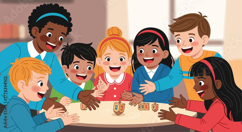 A diverse group of happy children playing dreidel around a table, celebrating Hanukkah together.