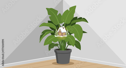 A house nestled within a lush green plant, potted in a corner of a room.