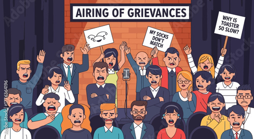 Cartoon of people airing grievances on stage with signs and microphones.