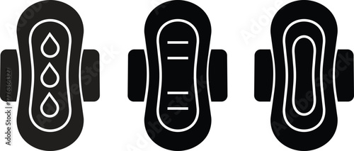 Menstrual pad icons set flat styles. Feminine hygiene product symbol showing sanitary pad, absorbent napkin, period protection and women’s care vectors illustration isolated on transparent background.