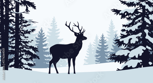 Silhouette of a majestic deer with antlers standing in a serene snowy winter forest with pine trees.