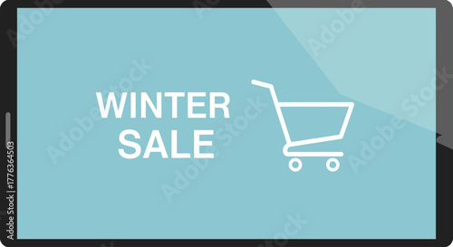 Smartphone screen displaying a winter sale promotion with a shopping cart icon, promoting online shopping.