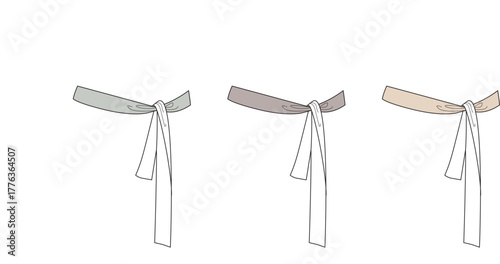 Three elegantly tied sashes in muted pastel colors on a white background, perfect for fashion design or accessory presentations