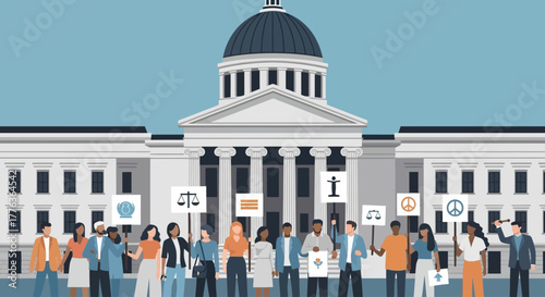 Diverse group of people protesting in front of a government building holding signs with symbols.