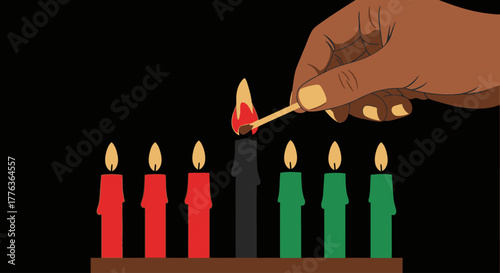 A hand lights the black candle in the center of a Kinara with red and green candles on either side.