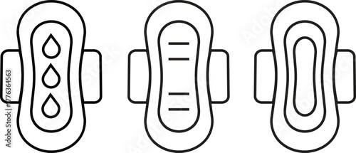 Menstrual pad icons set line styles. Feminine hygiene product symbol showing sanitary pad, absorbent napkin, period protection and women’s care vectors illustration isolated on transparent background.