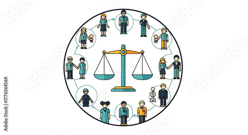 Diverse people interacting in a circular community around a central scale of justice, symbolizing social equity and legal balance.