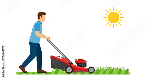 Maintaining a neat green space person actively mowing the lawn under bright sunlight, home garden care activity