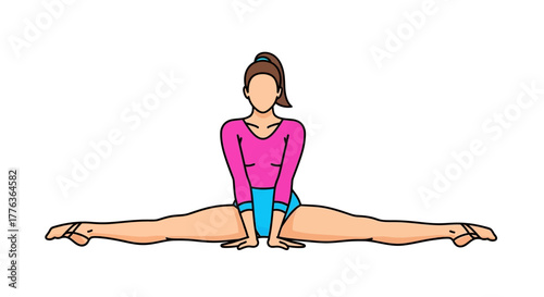 Gymnast performing a perfect split with legs extended outwards in a floor exercise