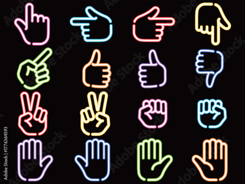 ネオン風ハンドサインのアイコン16種セット