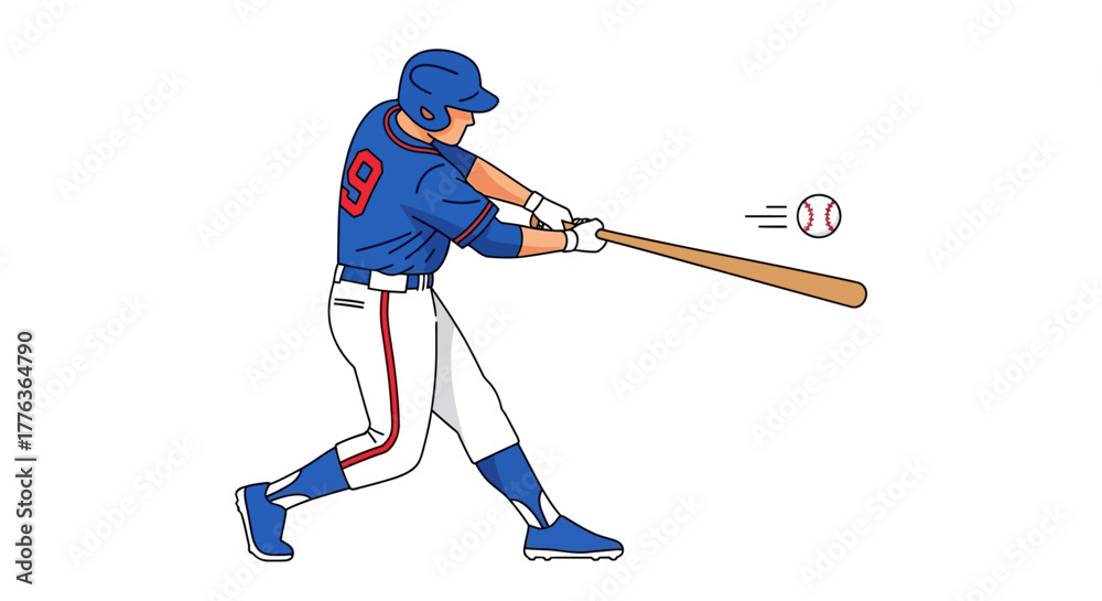 Obraz premium Baseball Player Swinging a Bat and Hitting the Ball, Action Illustration
