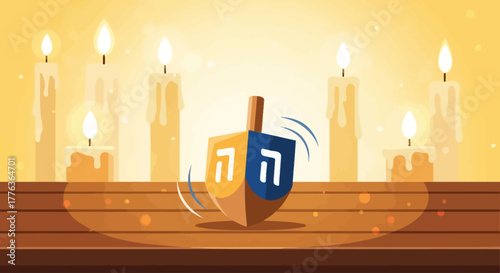 A festive illustration depicting a dreidel spinning with lit candles in the background, celebrating Hanukkah.