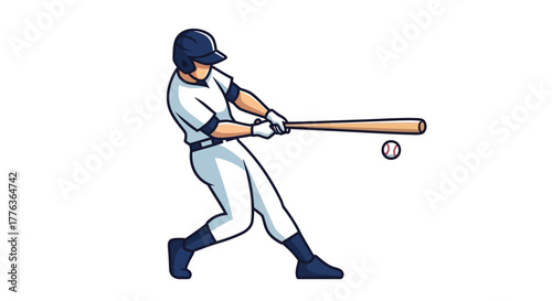 Baseball player swinging a bat at a ball during a game, illustration