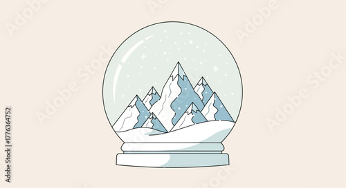 A minimalist vector illustration of a snow globe containing a snowy mountain range with falling snow.