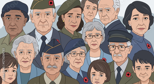 A diverse group of veterans and civilians, young and old, with somber expressions, wearing poppies in remembrance.