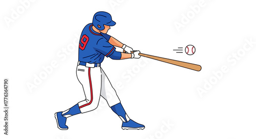 Baseball Player Swinging a Bat and Hitting the Ball, Action Illustration