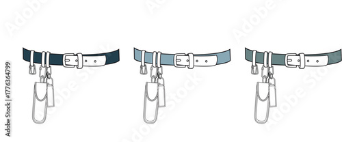 Three different colored tool belts with pouches and buckles, displayed horizontally on a white background