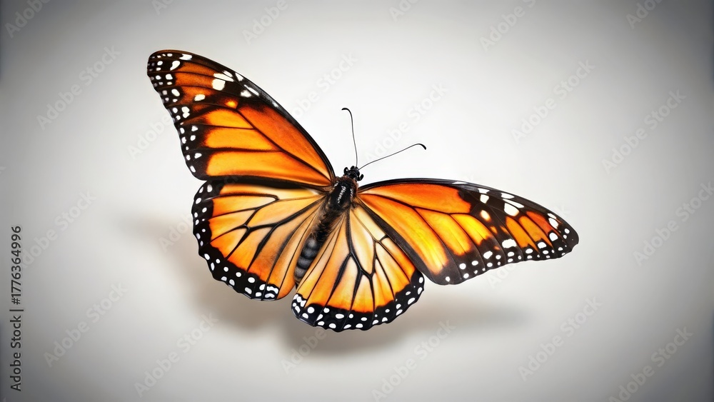 Fototapeta premium A detailed orange and black Monarch butterfly in flight