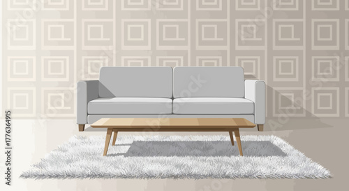 A modern living room interior with a gray sofa, wooden coffee table, and a fluffy rug against a geometric patterned wall.