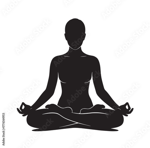 "Black Silhouette of Woman in Lotus Pose – Vector Icon for Meditation, Yoga, and Mindfulness Themes"