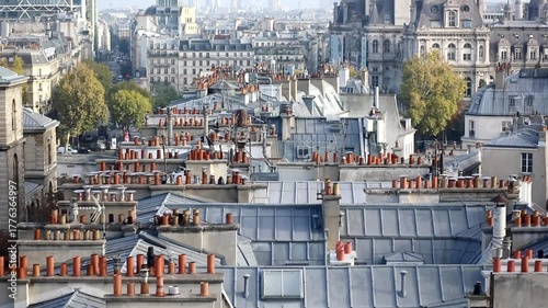 Panoramic view of Paris rooftops and Hotel de Ville