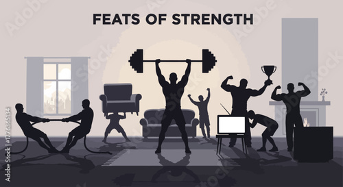 Feats of Strength: A humorous illustration depicting various displays of physical prowess within a living room setting.